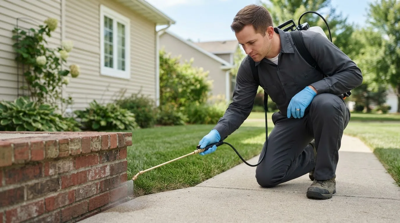 Pest control technician treating a home near South English, IA