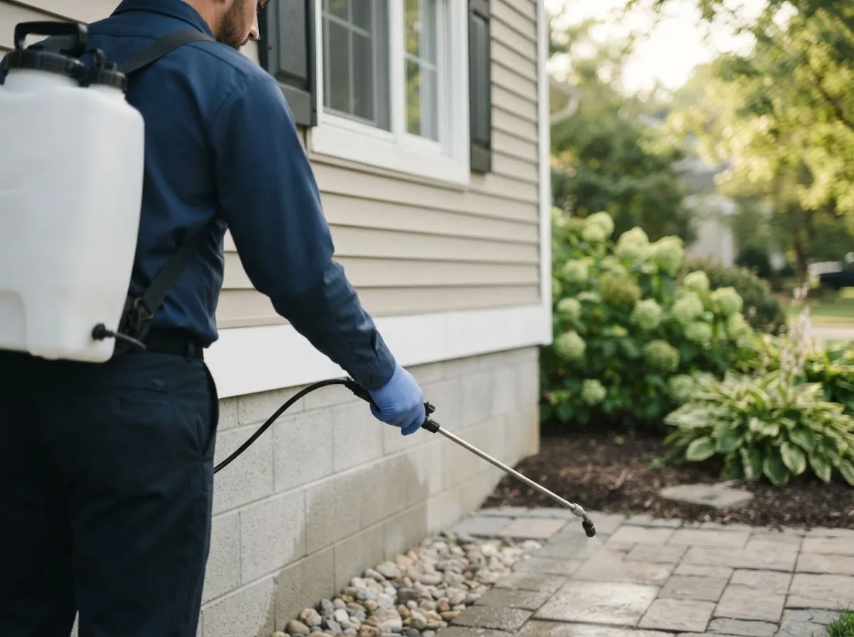 Pest control technician inspecting a home in South English, IA